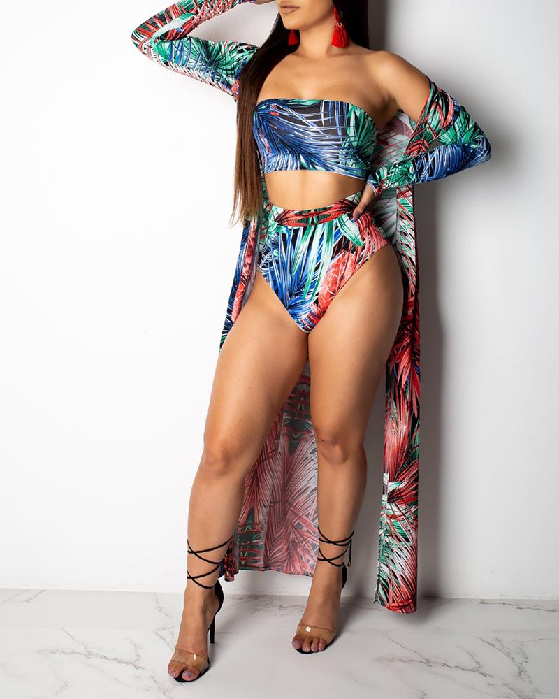 

Tropical Print Bikini & Cover Up Swimsuit Set, Red