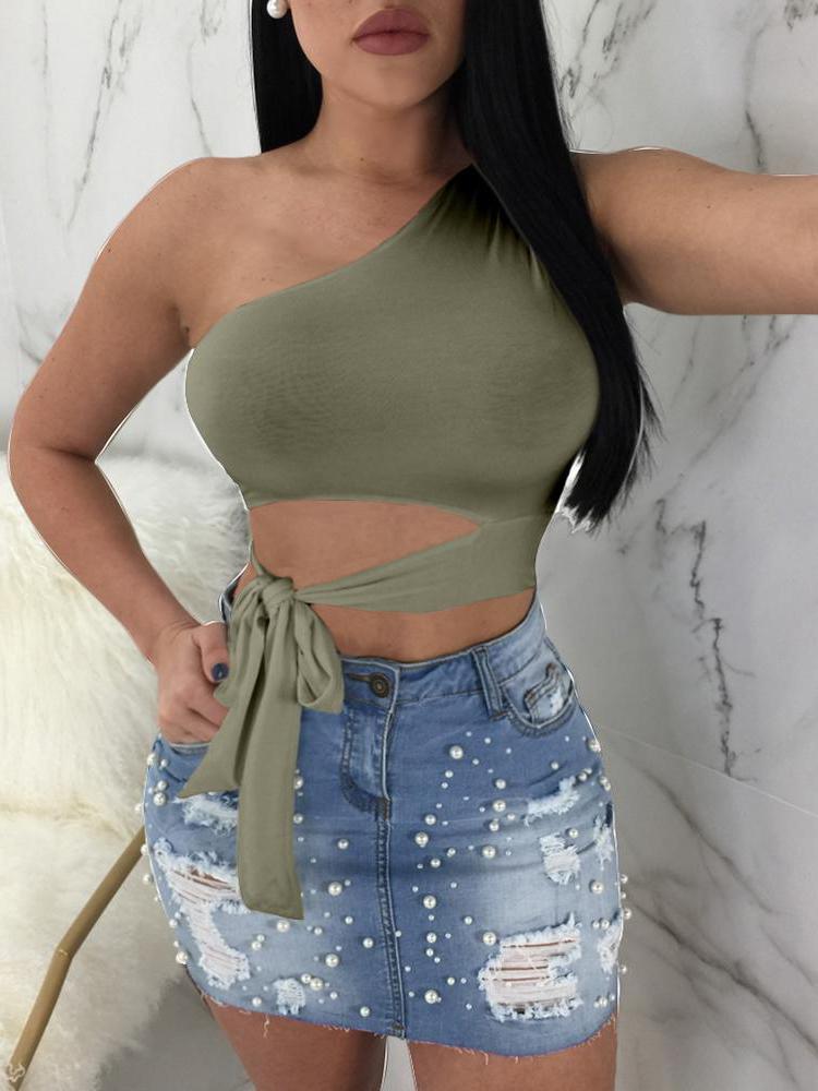 

Solid Color One Shoulder Tie Waist Cropped Top