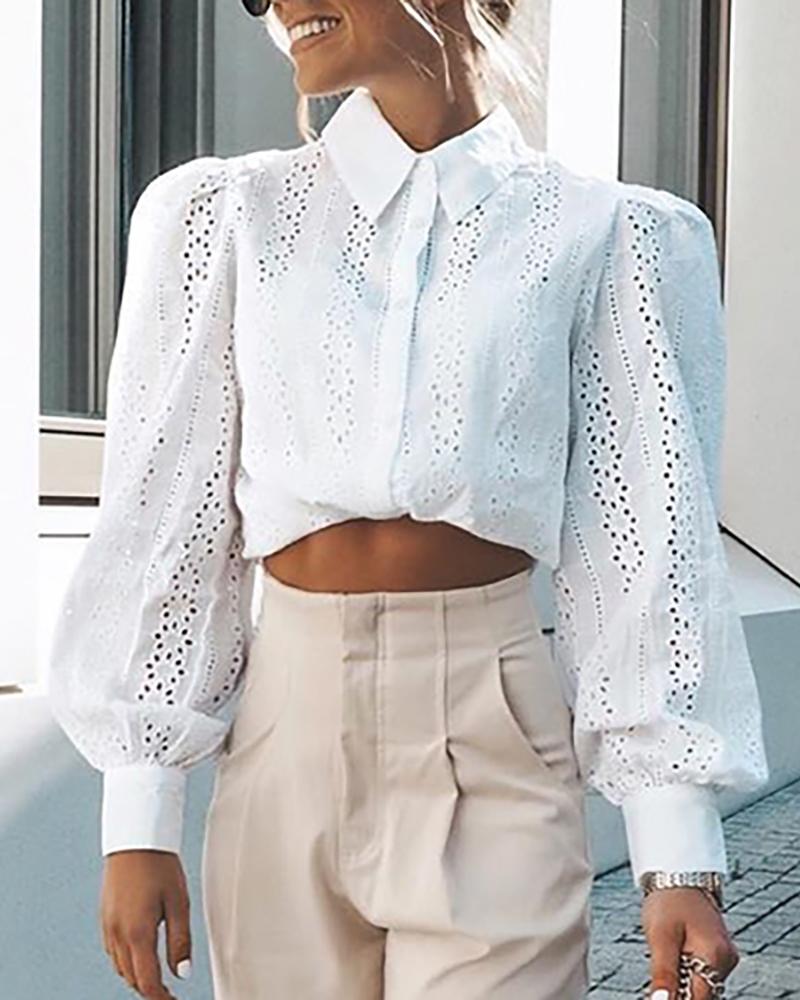 

Eyelet Embroidery Puff Sleeve Casual Shirt, White