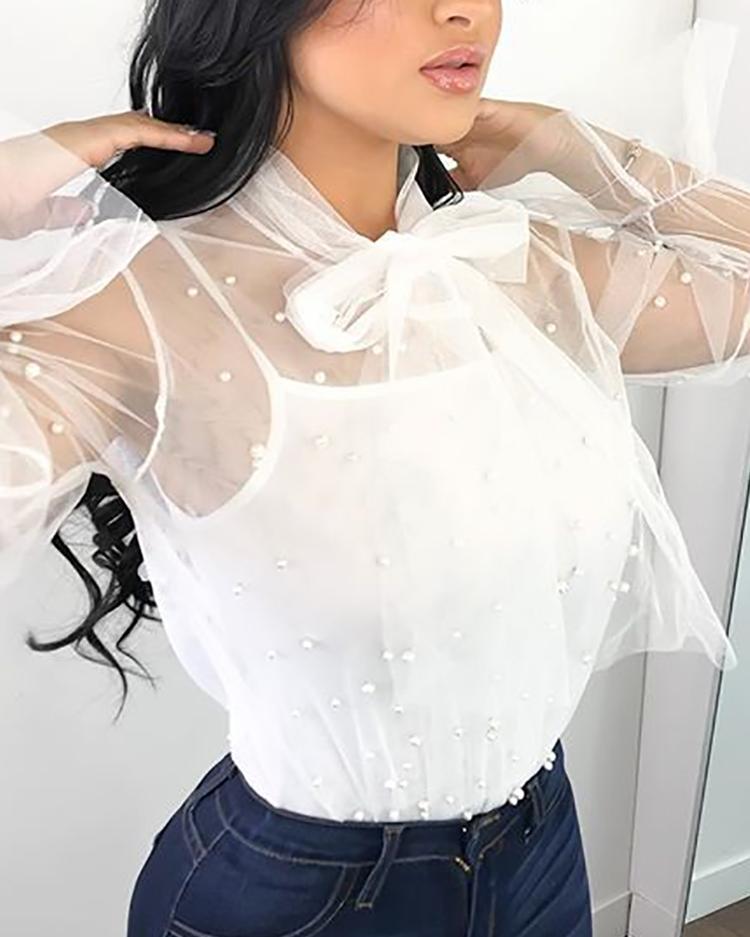 

Sexy Tie Neck Beading Embellished Sheer Mesh Blouse, White