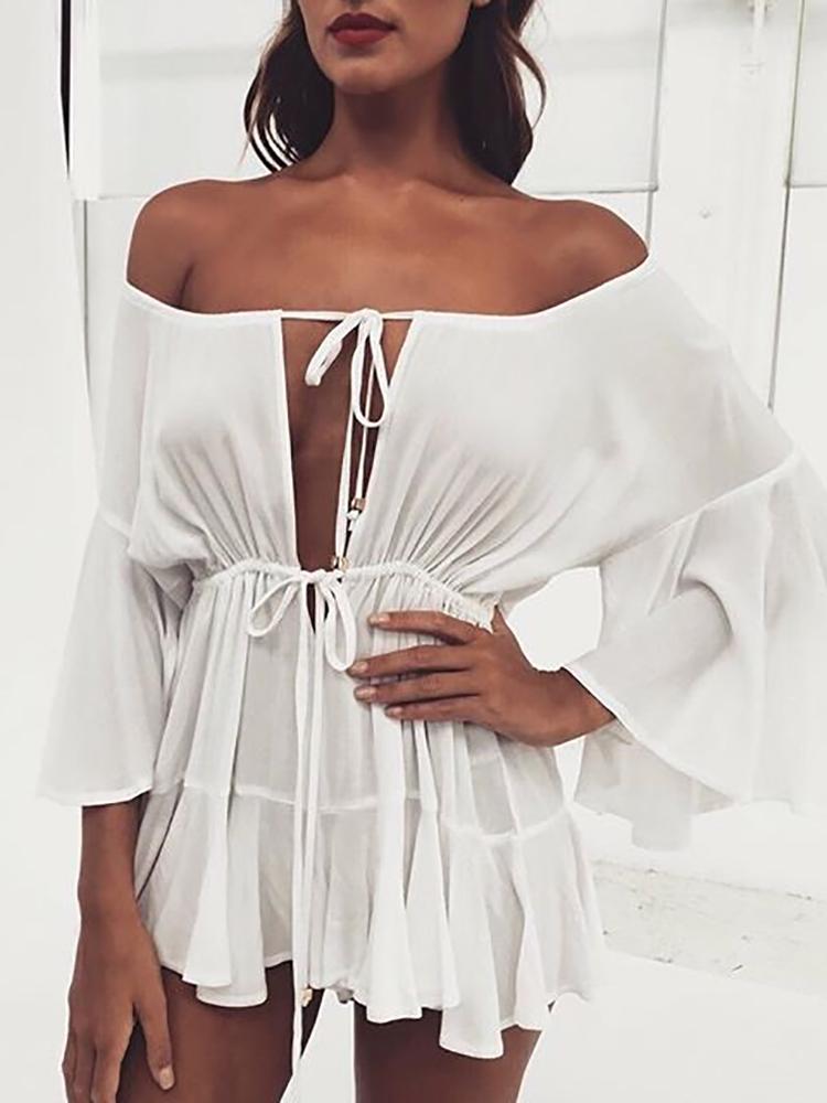 

Off Shoulder Tie Front Flared Sleeve Casual Romper