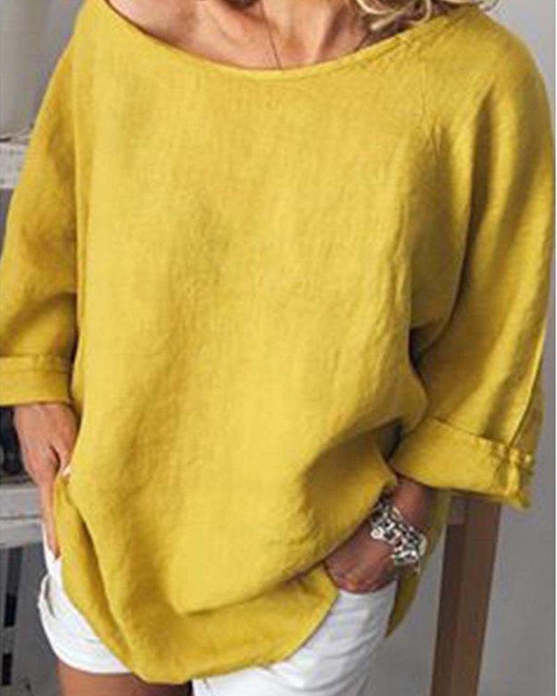 

Women' cotton and linen solid color loose tops T-shirt, Yellow