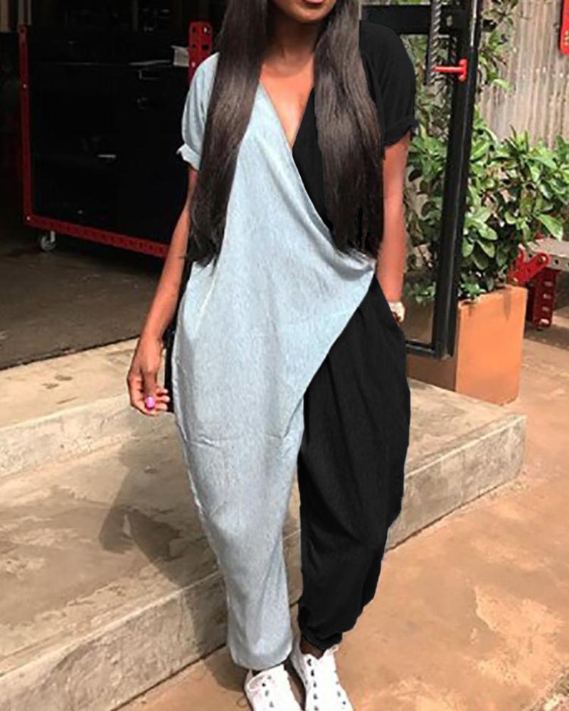 

V Neck Wrap Design Colorblock Jumpsuit