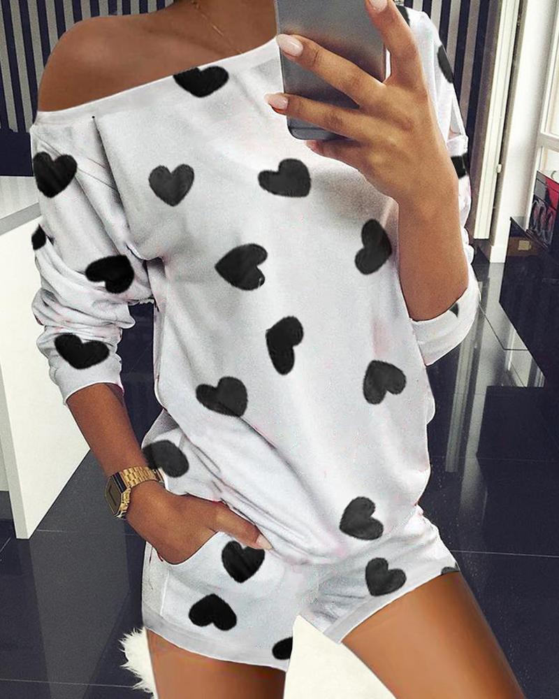 

Heart Print Long Sleeve Pajamas Set, White