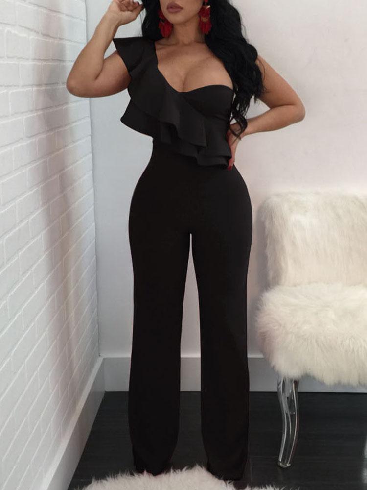 

Women Ruffled One Shoulder Sleeveless Flared Jumpsuit, Black