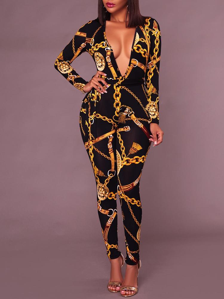 

Sexy Deep V Neck Gold Chain Print Skinny Jumpsuit, Black