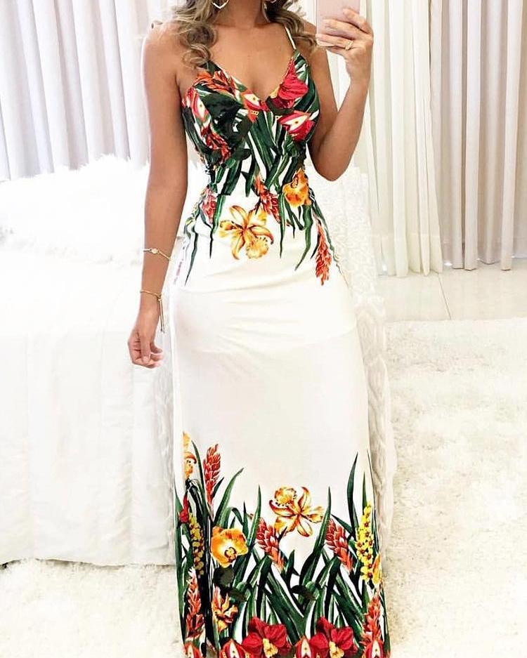 

Floral Print Deep V Slip Maxi Dress, White