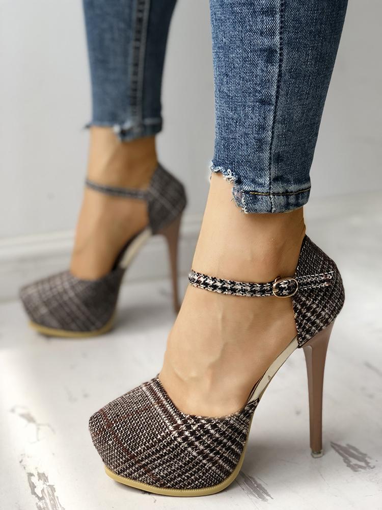

Houndstooth Ankle Buckle Pointed Toe Thin Heels, Apricot