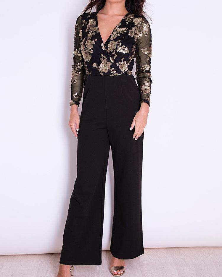 

Mesh Splicing Wrap Sequin Jumpsuit