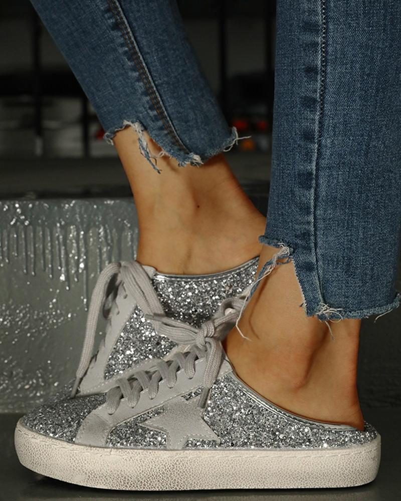 

Sequins Star Design Casual Lace-Up Sneakers, Silver