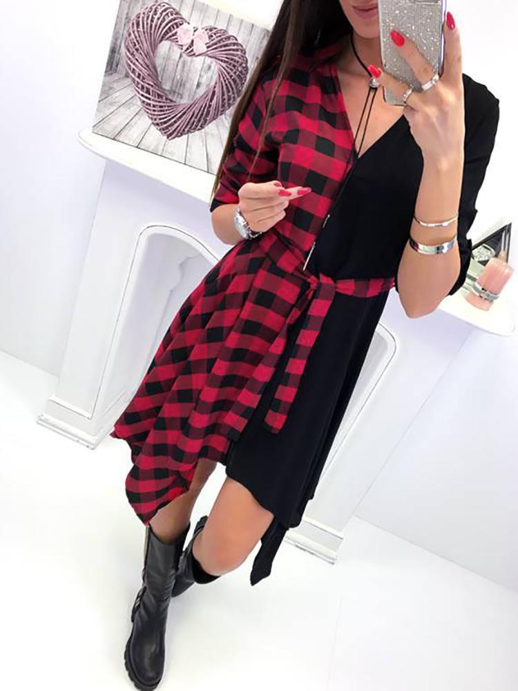 

Plaid Print Contrast Color Belted Irregular Dress, Red