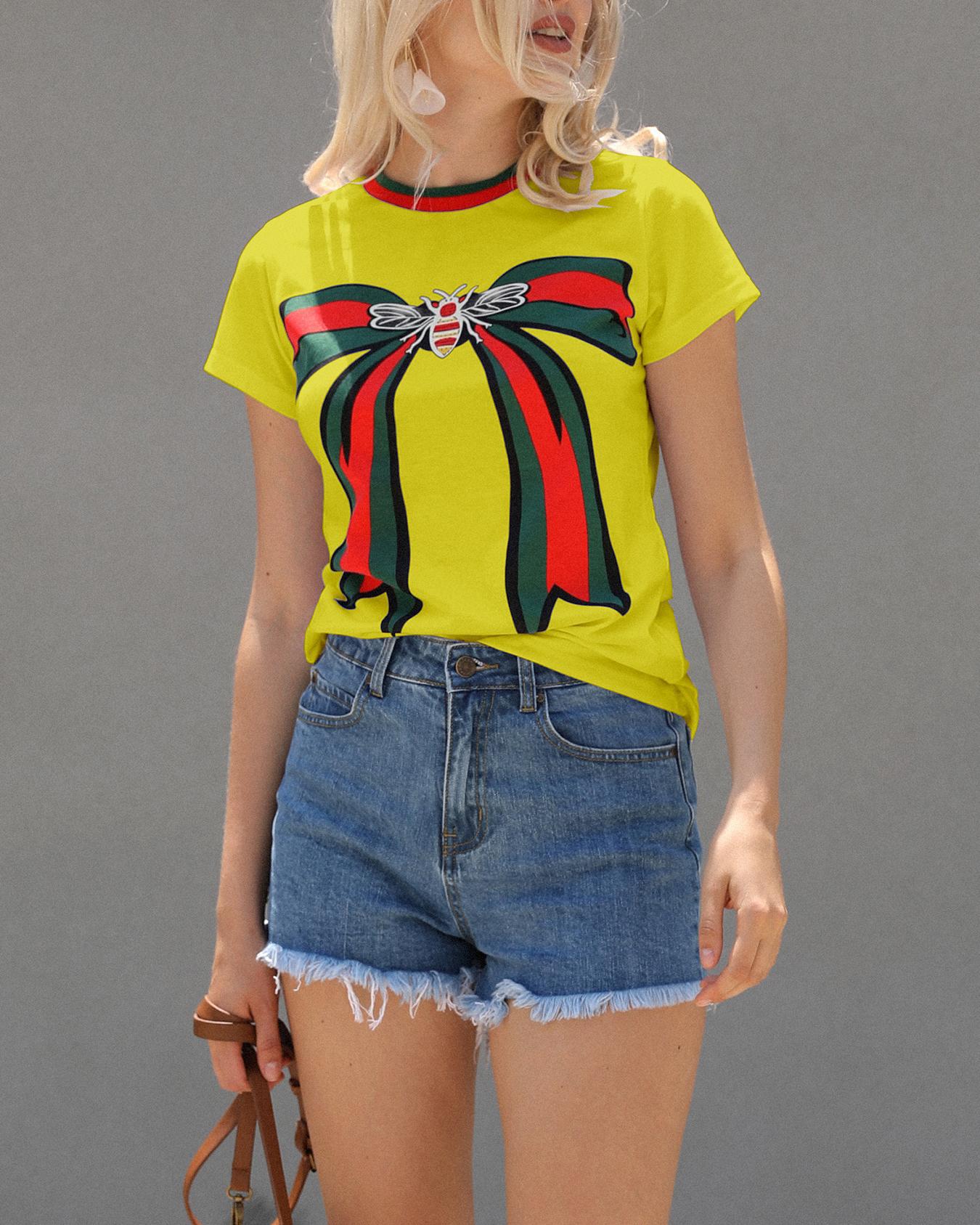 

Oversize Bowknot Striped Print Short Sleeve T-shirt, Yellow