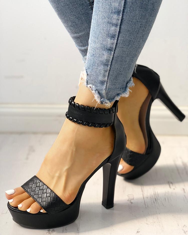 

Stylish Knitted Strap Open Toe Platform Heeled Sandals, Black