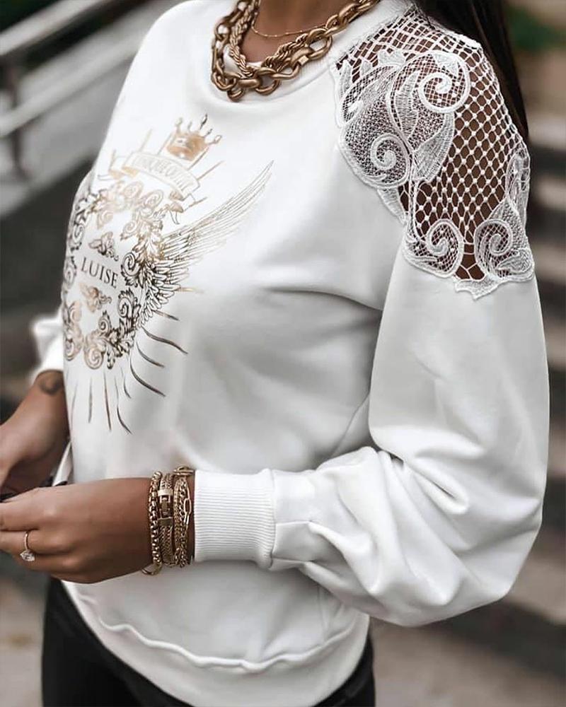 

Solid Print Long Sleeve Lace Patchwork Blouse, White