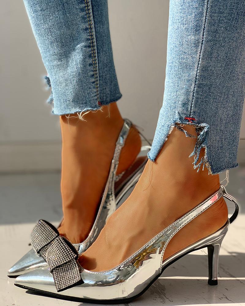

Pointed Toe Studded Bowknot Slingback Thin Heels, Silver