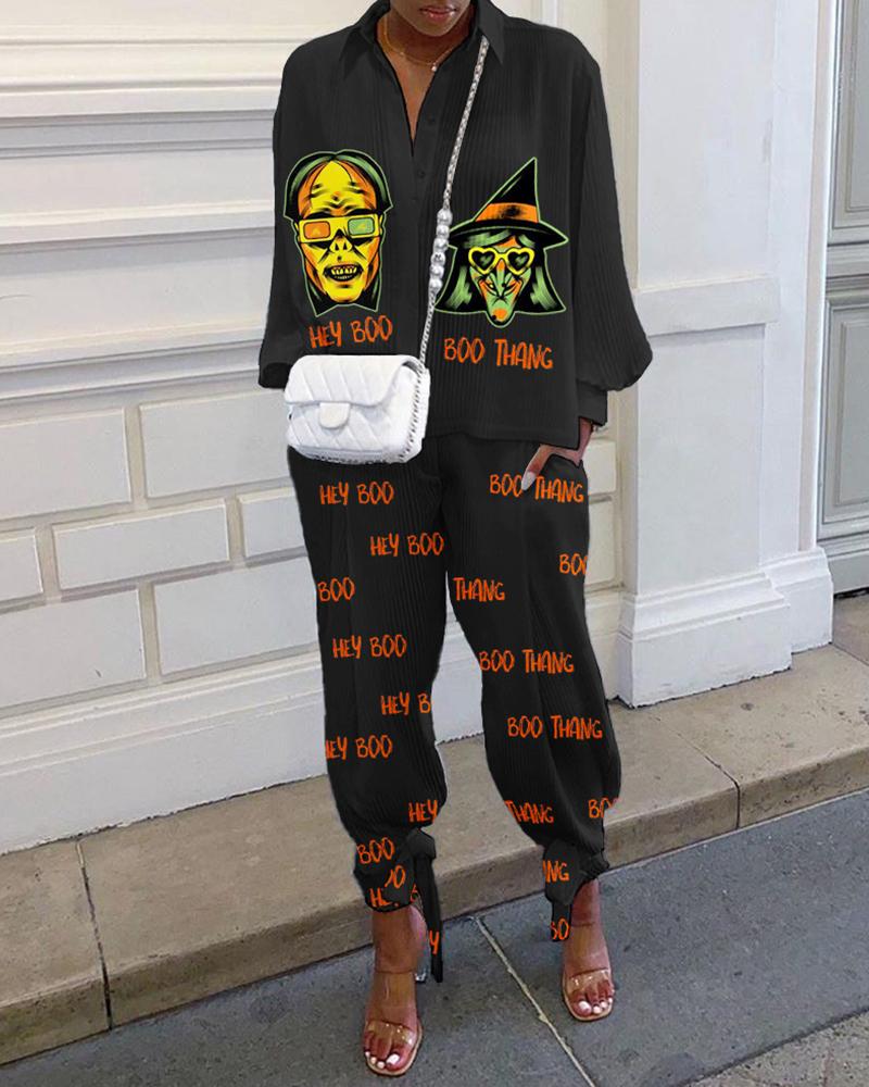 

Halloween Letter Figure Print Top & Pockets Design Pants Set, Black
