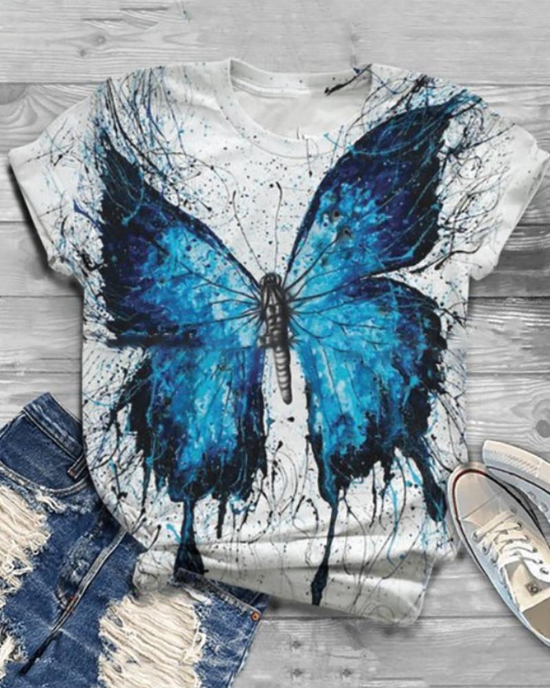

Butterfly Print Colorblock Casual T-shirt, Blue