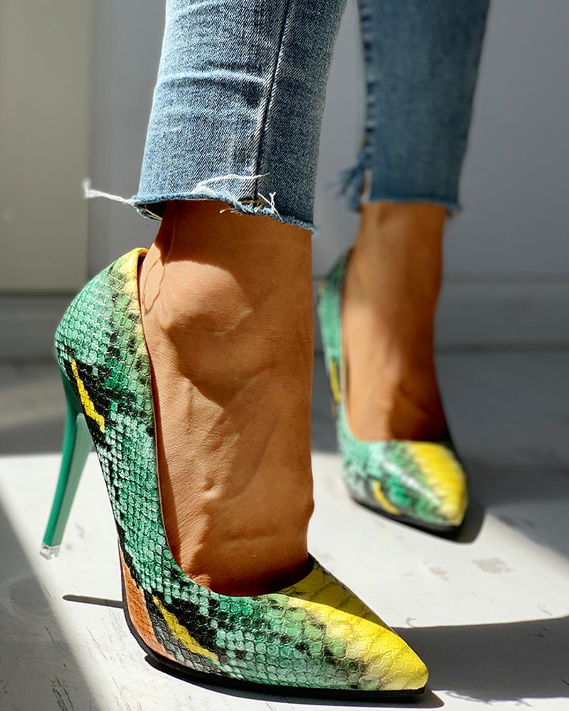 

Pointed Toe Snakeskin Print Thin Heels, Green