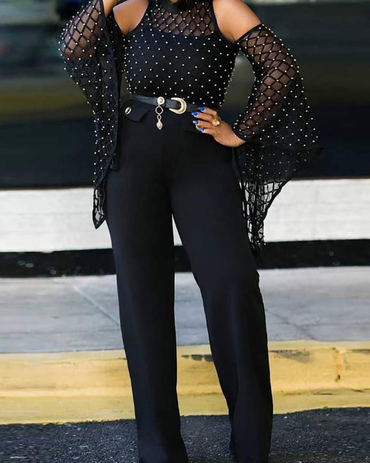 

Beaded Cold Shoulder Bell Sleeve Jumpsuit, Black