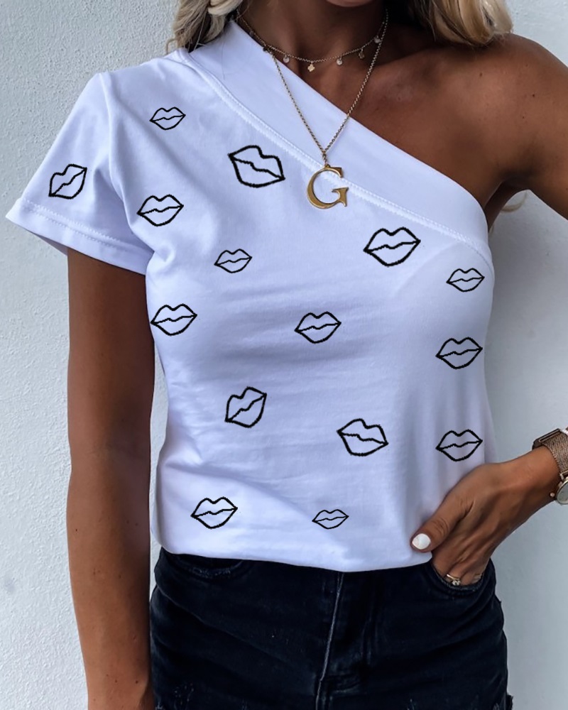 

Lip Print One Shoulder Casual T-shirt, White