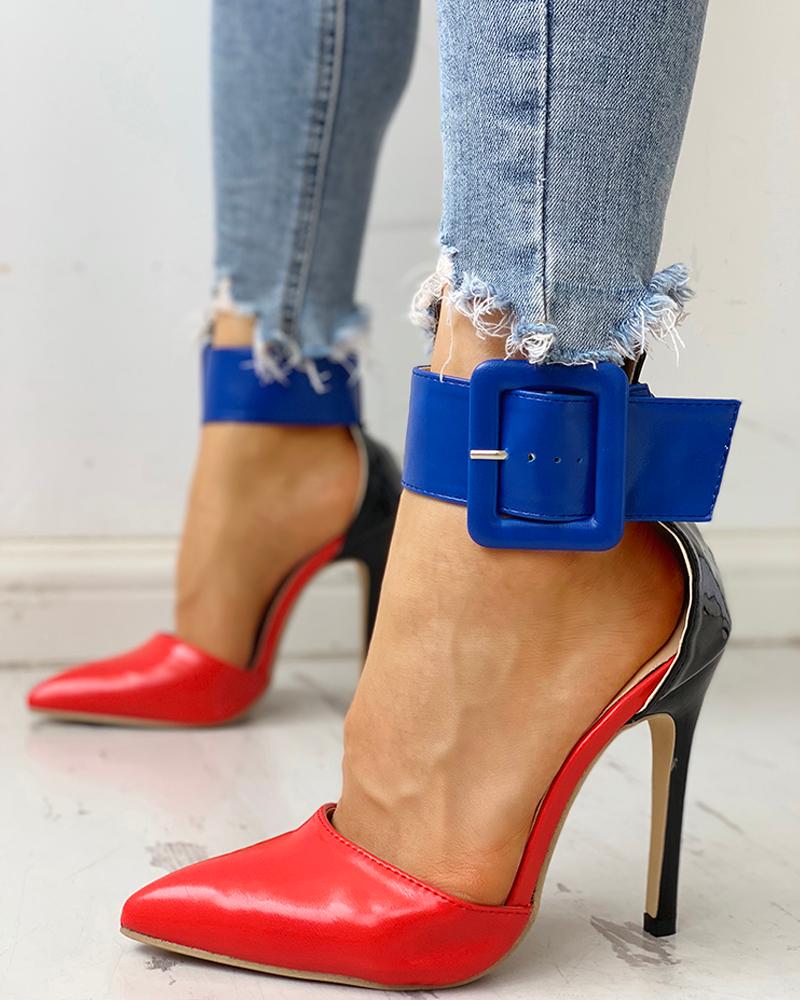 

Pointed Toe Ankle Buckled Thin Heels, Red