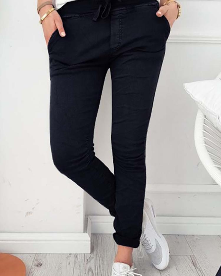 

Stylish Pocket Design Belted Skinny Pants, Black