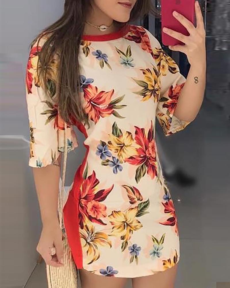 

Floral Print Cut Out Back Dress, Beige