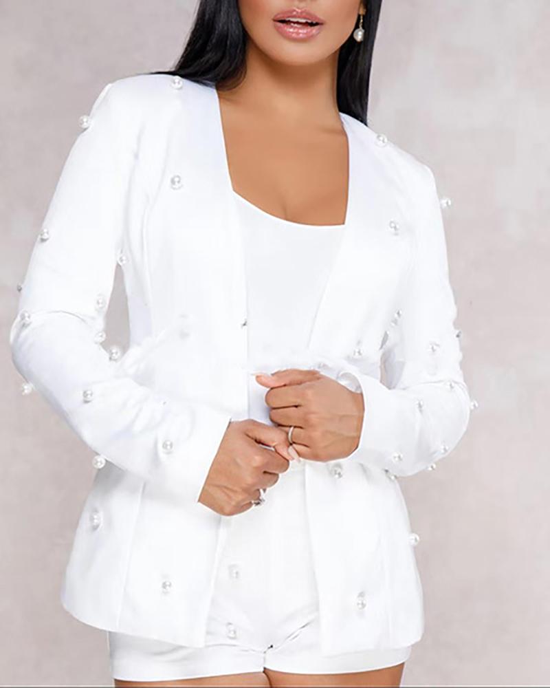 

Solid Pearl Beaded Coat & Short & Spaghetti Strap Top Sets, White