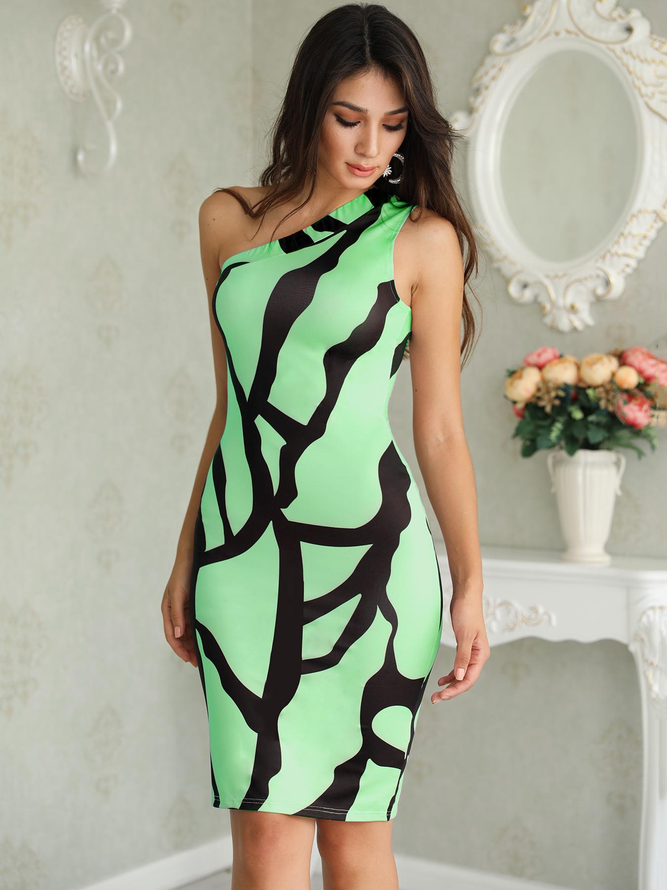 

Striped Print One Shoulder Bodycon Dress