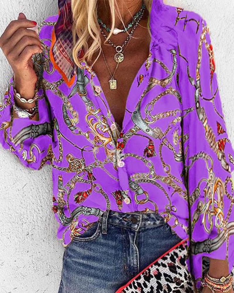 

Chains Print Long Sleeve Blouse, Purple