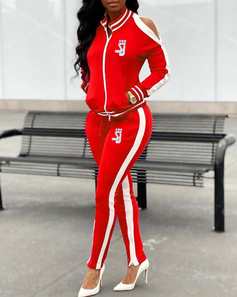 

Cold Shoulder Side Stripe Top & Pant Sets, Red