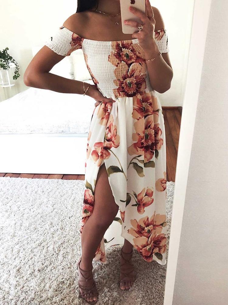 

Floral Print Shirring Off Shoulder Slit Maxi Dress