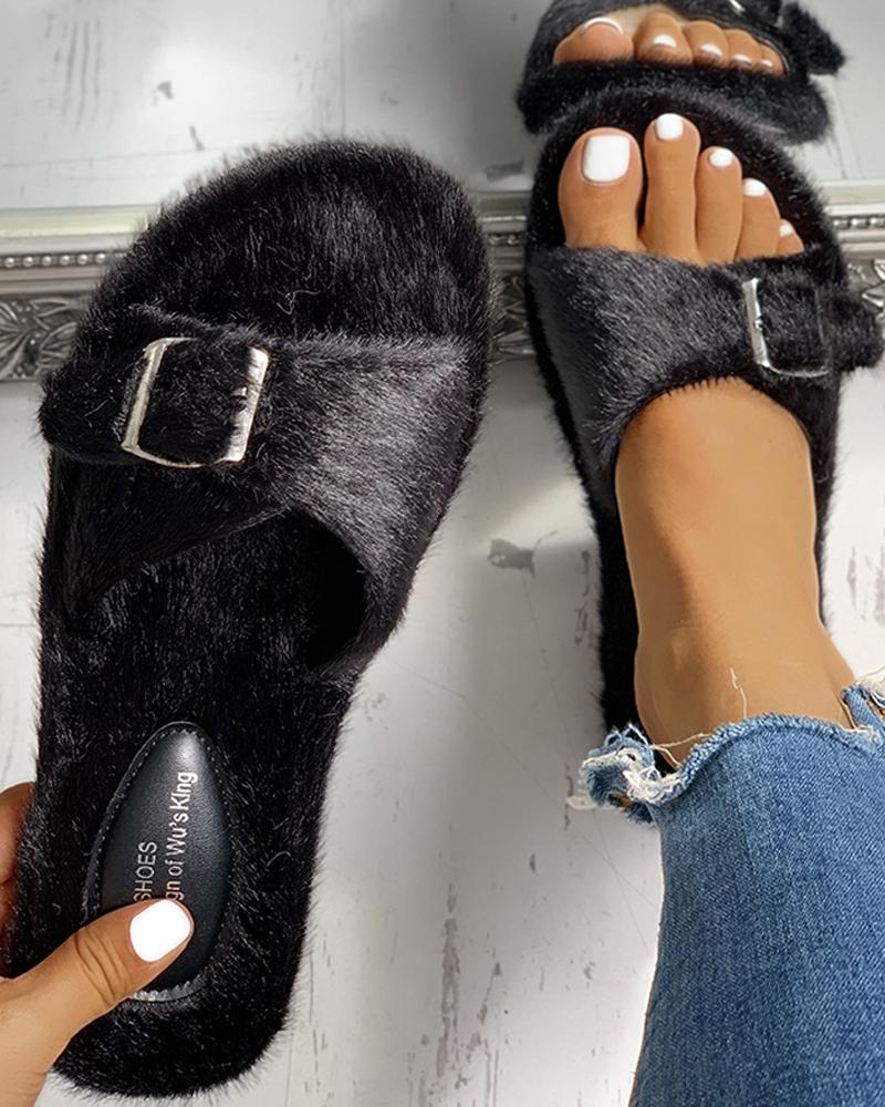 

Fluffy Metallic Embellished Open Toe Slippers, Black