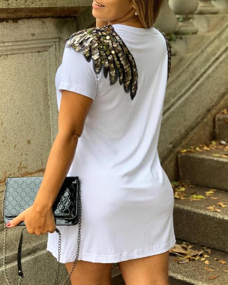 

Round Neck Sequins Casual T-shirt, White