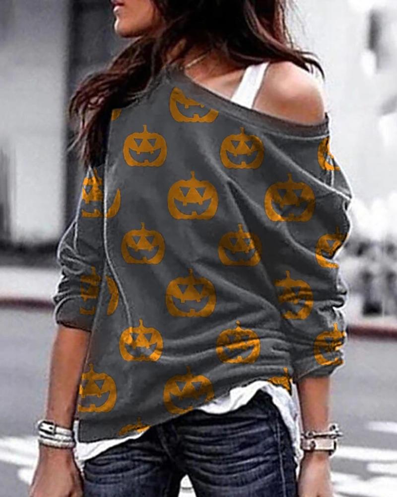 

Halloween Pumpkin Print One Shoulder Sweatshirt, Gray