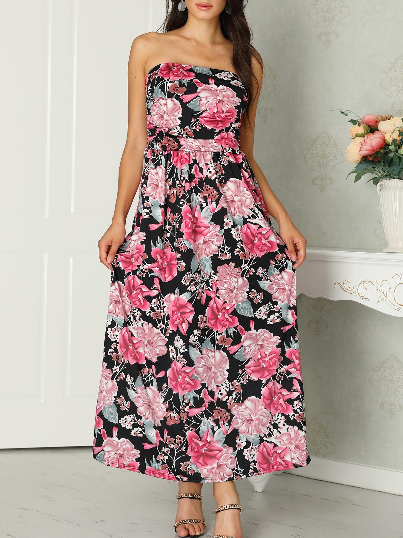 

Floral Print Strapless Maxi Dress, Multicolor