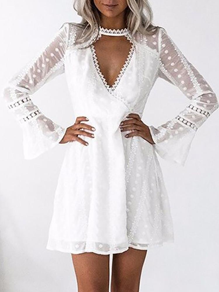 

Choker Neck Lace Flare Sleeve Polka Dot Casual Dress