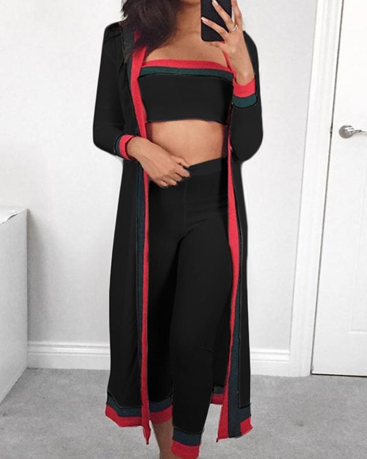 

3PCS Striped Tape Crop Top & Pants With Coat Sets, Black