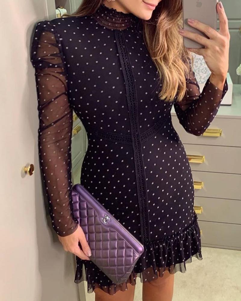 

Long Sleeve Dot Print Mesh Dress, Black