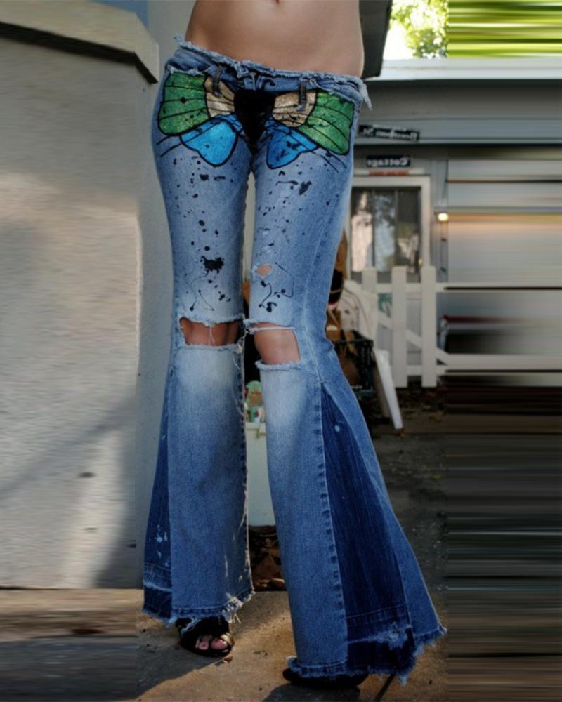 

Retro Ripped Flared Low-rise Jeans, Blue