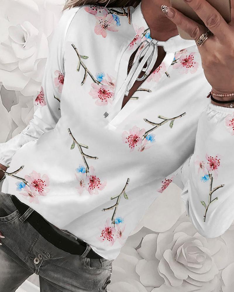 

Floral Print Tied Detail Casual Blouse, White