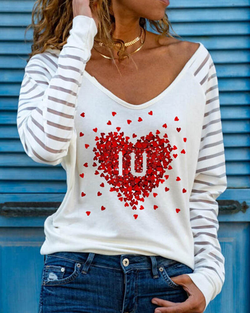 

V-Neck Heart Print Mesh Long Sleeve Top, White