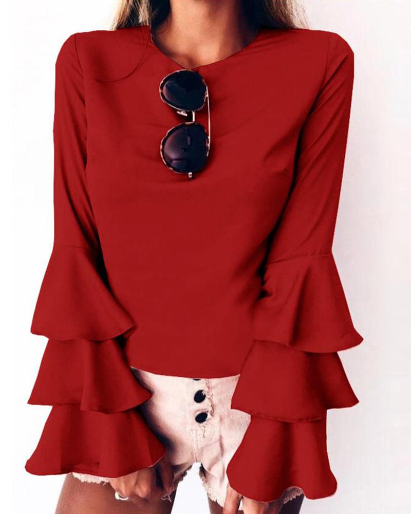 

Casual Ruffle Long Sleeve Blouse, Red