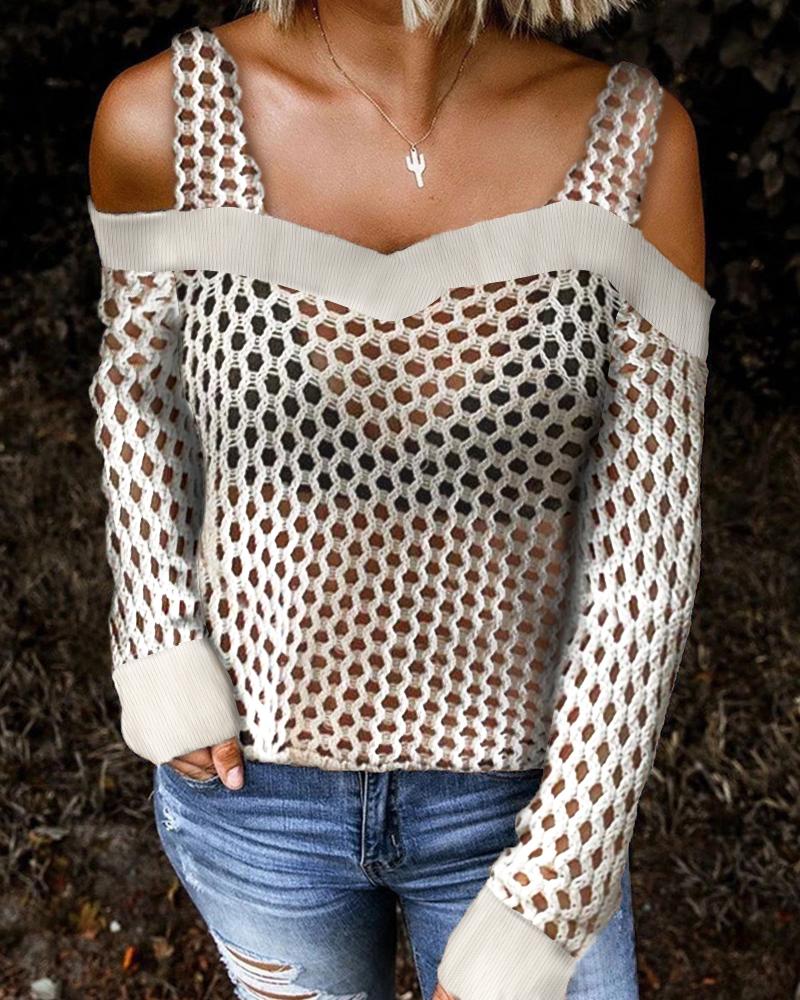 

Fishnet Cold Shoulder Hollow Out Top, Beige