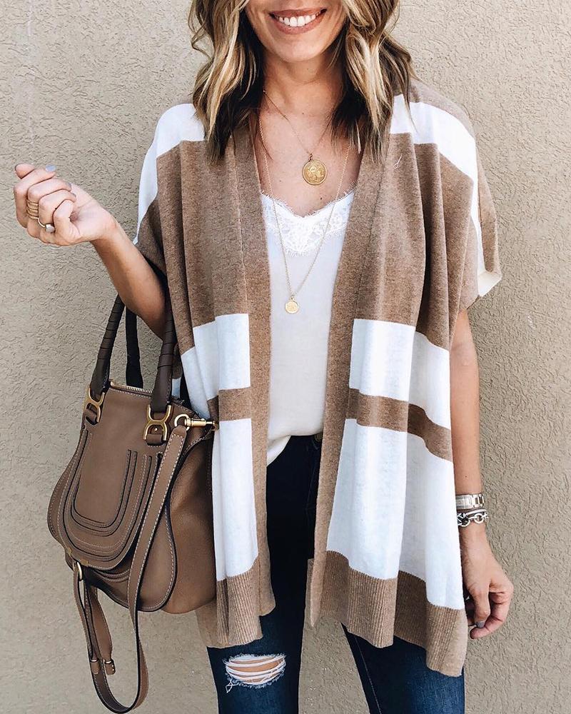 

Colorblock Short Sleeve Casual Cardigan, Brown