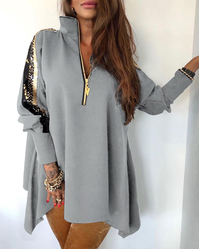 

Sequins Patchwork Stand Zipper Design Blouse, Gray