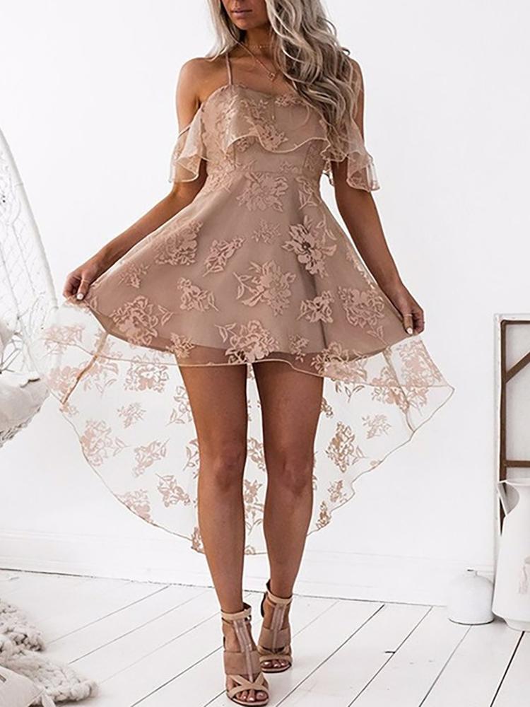 

Lace & Mesh Dip Hem Flounced Dress, Beige