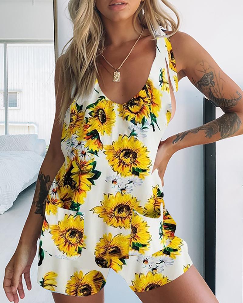 

Tie Strap Sunflower Print Romper, Yellow
