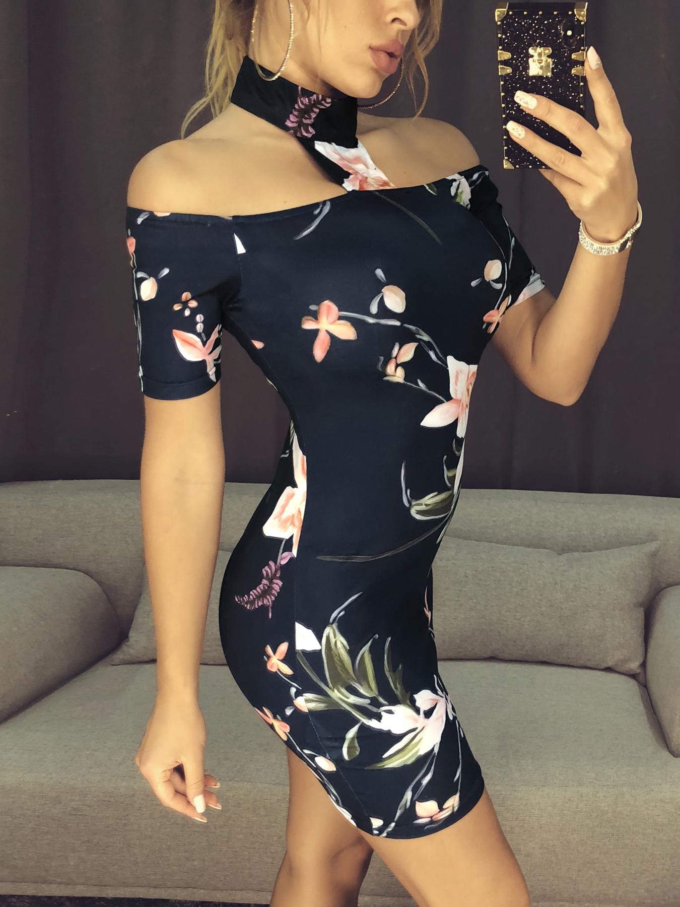 

Floral Choker Open Shoulder Bodycon Dress, Multicolor