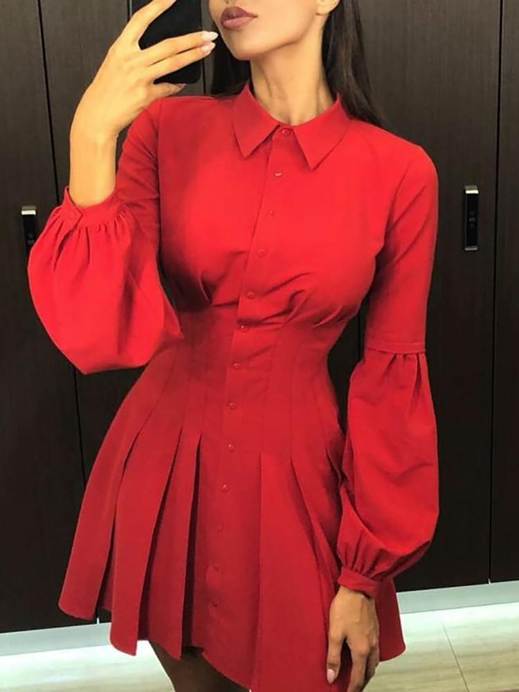 

Lantern Sleeve Ruched Detail Buttoned Dress, Red